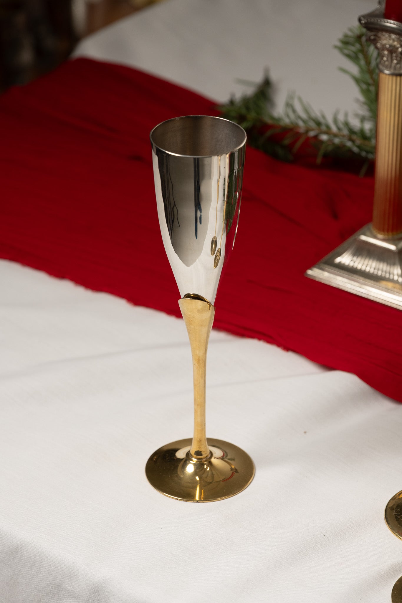 SET OF 6 METAL AND BRASS CHAMPAGNE FLUTES, 1980s