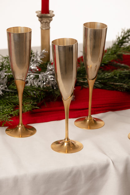 SET OF 6 METAL AND BRASS CHAMPAGNE FLUTES, 1980s