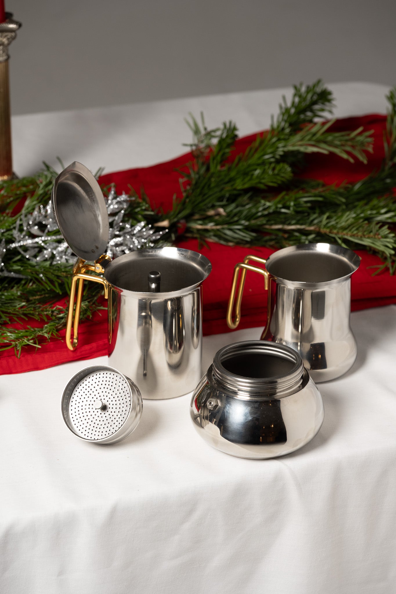 SERVICE À CAFÉ EN INOX ET LAITON, ITALIE, 1980s