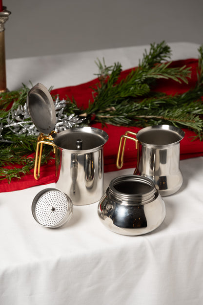 SERVICE À CAFÉ EN INOX ET LAITON, ITALIE, 1980s